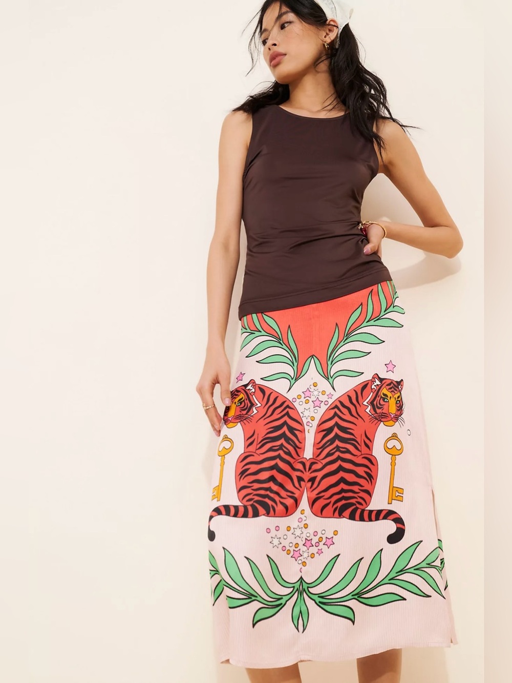 ANTHROPOLOGIE S Bl-nk Lania Slip Midi Skirt • Boho Tiger Print Silky Slit - Picture 8 of 12